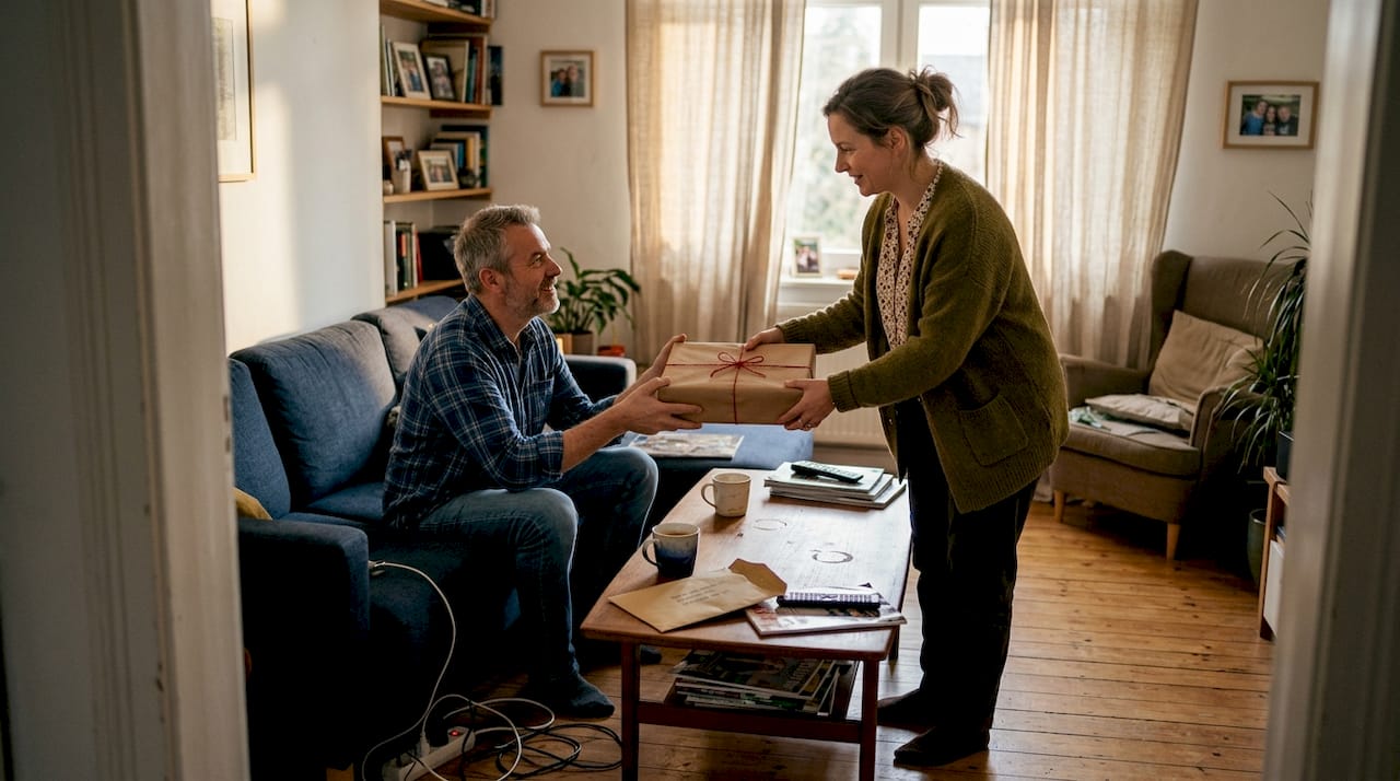 Eine Frau überreicht im Wohnzimmer ein Kunstwerk als Geschenk.