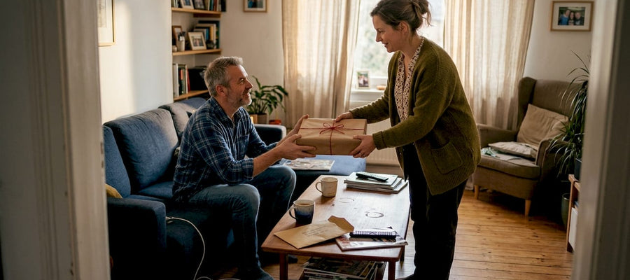 Eine Frau überreicht im Wohnzimmer ein Kunstwerk als Geschenk.