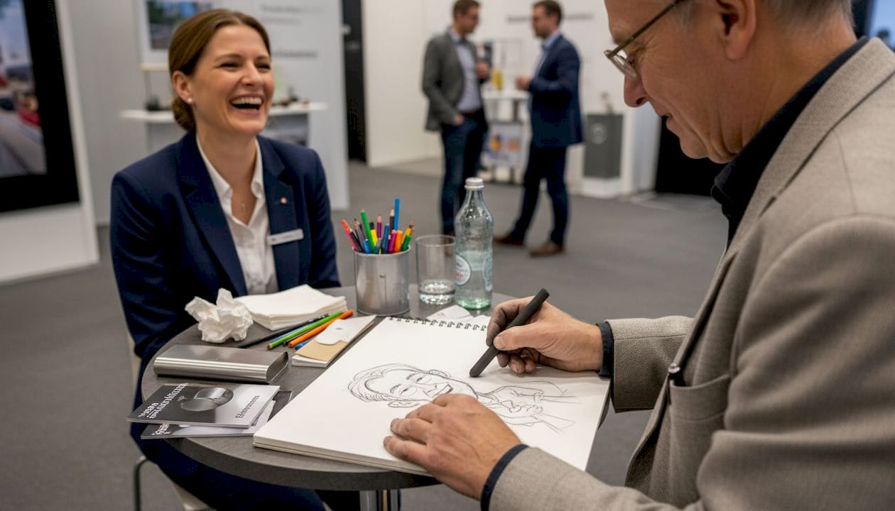 Ein Aussteller fertigt auf der Messe Karikaturen für die Besucher an.