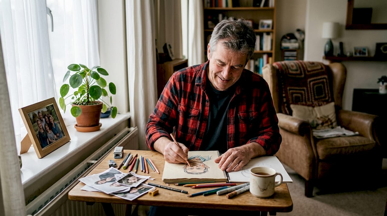 Ein Künstler sitzt an seinem Schreibtisch zu Hause und zeichnet Karikaturen.