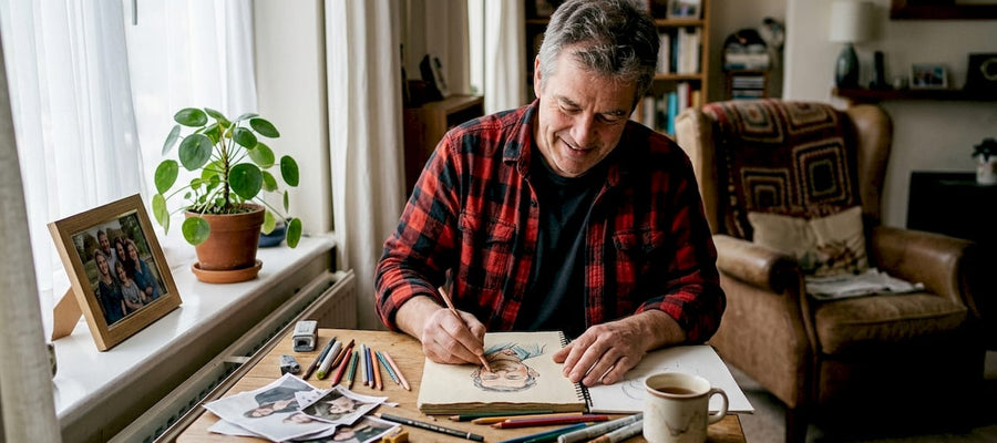 Ein Künstler sitzt an seinem Schreibtisch zu Hause und zeichnet Karikaturen.