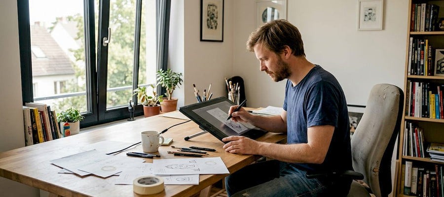 Ein Illustrator erstellt eine digitale Karikatur direkt am Tablet.