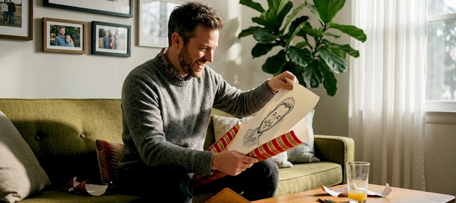 Auf dem Sofa sitzend muss jemand herzhaft lachen, als er ein Geschenk mit einer witzigen Karikatur auspackt.