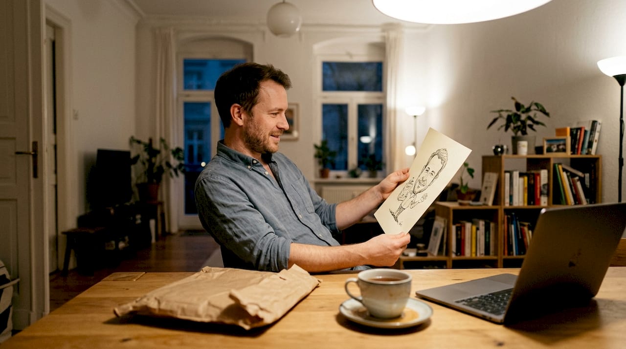 Ein Mann begutachtet eine Karikatur am Wohnzimmertisch.