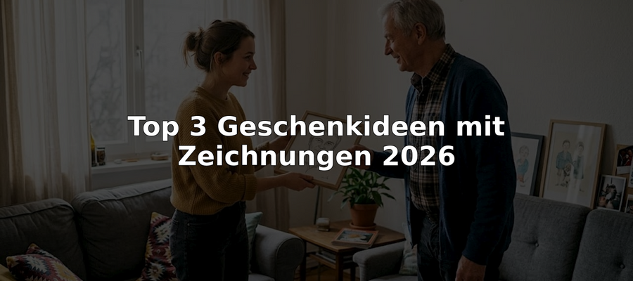 Eine Frau überreicht im Wohnzimmer ein handgezeichnetes Porträt als Geschenk.