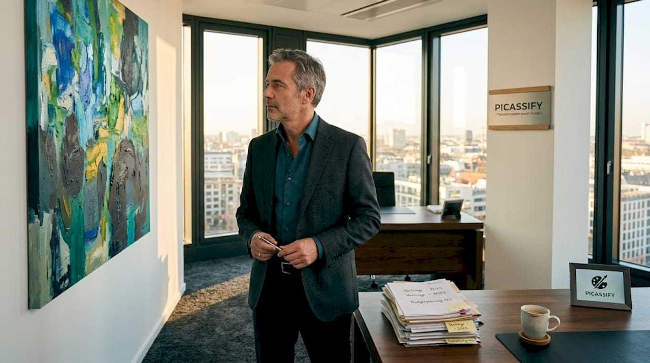 Der Geschäftsführer lässt seinen Blick nachdenklich über das Kunstwerk im Büro schweifen.
