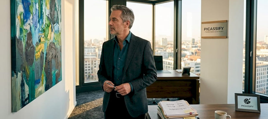 Der Geschäftsführer lässt seinen Blick nachdenklich über das Kunstwerk im Büro schweifen.