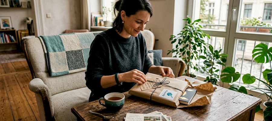 Eine Frau packt am Holztisch ein kunstvolles Geschenk aus.