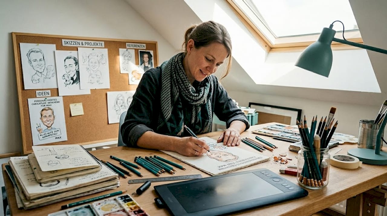 Ein Künstler sitzt in seinem Atelier und fertigt eine Karikatur an.