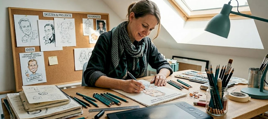 Ein Künstler sitzt in seinem Atelier und fertigt eine Karikatur an.