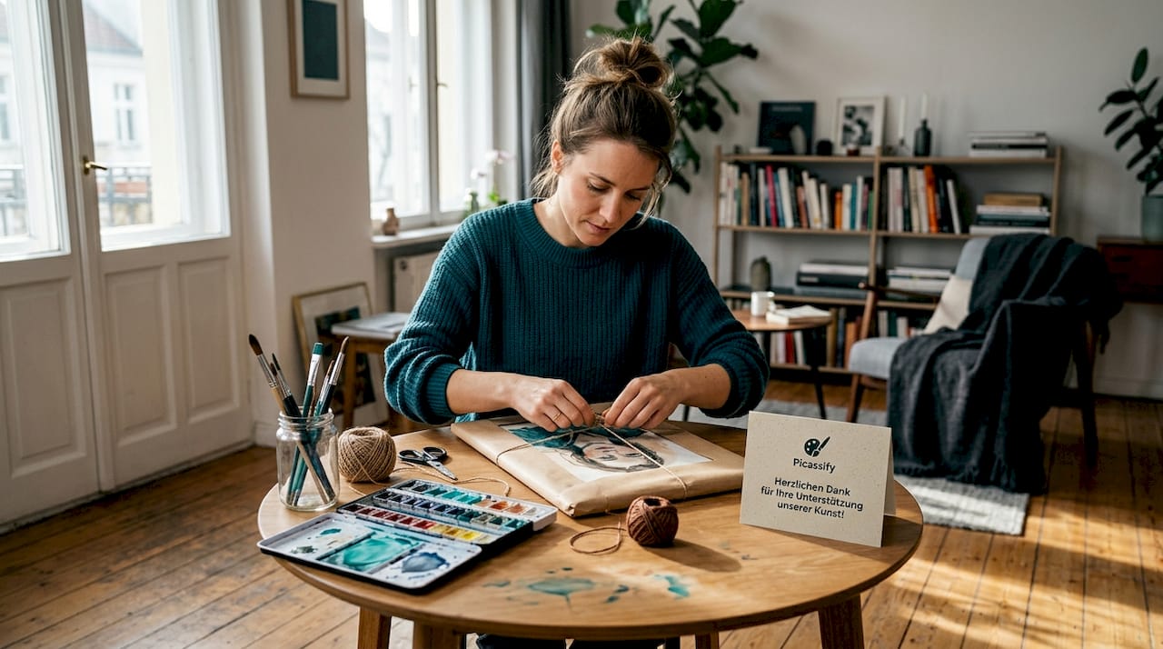 Eine Frau verpackt liebevoll ein handgemaltes Portrait als Geschenk.