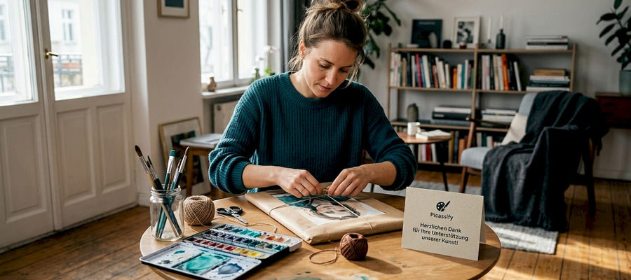 Eine Frau verpackt liebevoll ein handgemaltes Portrait als Geschenk.