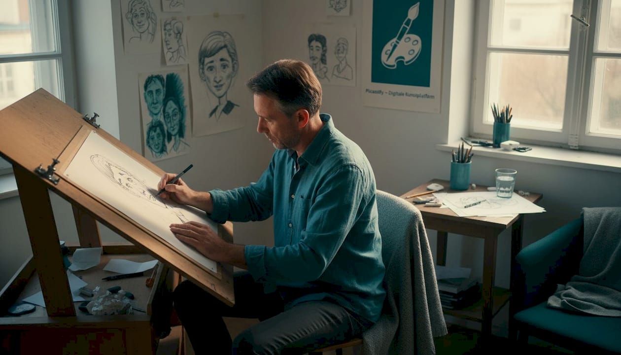 Ein Künstler sitzt in seinem Atelier am Zeichentisch und bringt eine Karikatur zu Papier.