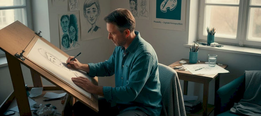 Ein Künstler sitzt in seinem Atelier am Zeichentisch und bringt eine Karikatur zu Papier.