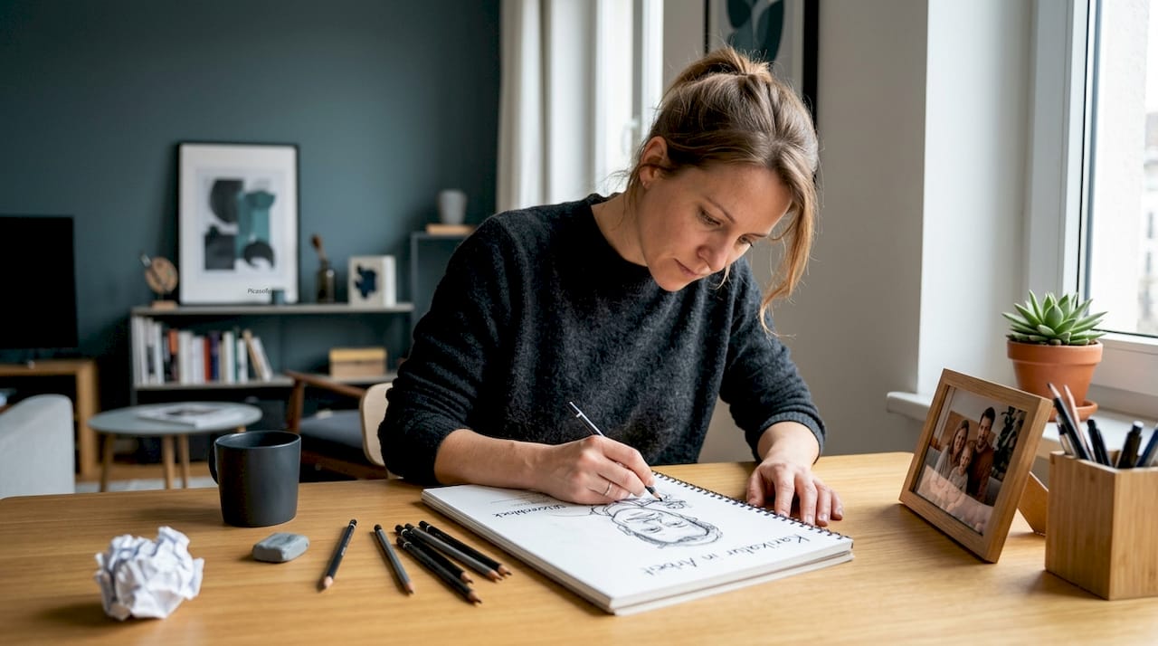 Eine Frau sitzt an ihrem Schreibtisch zu Hause und fertigt eine Karikatur an.