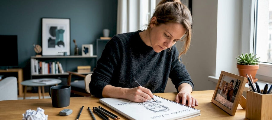Eine Frau sitzt an ihrem Schreibtisch zu Hause und fertigt eine Karikatur an.