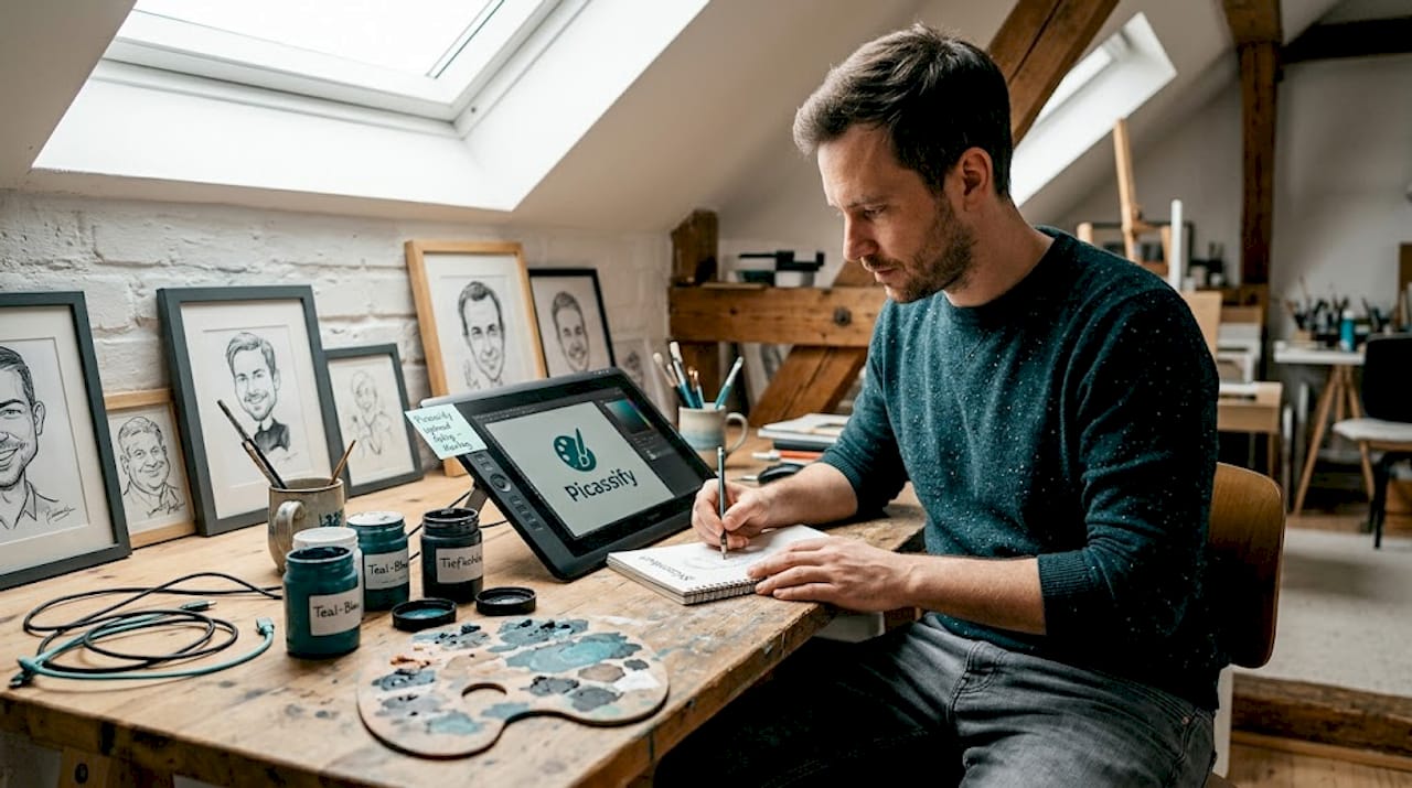 Karikaturist bringt seine Ideen sowohl klassisch auf Papier als auch digital am Grafiktablet zu Papier.