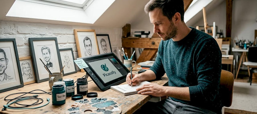 Karikaturist bringt seine Ideen sowohl klassisch auf Papier als auch digital am Grafiktablet zu Papier.