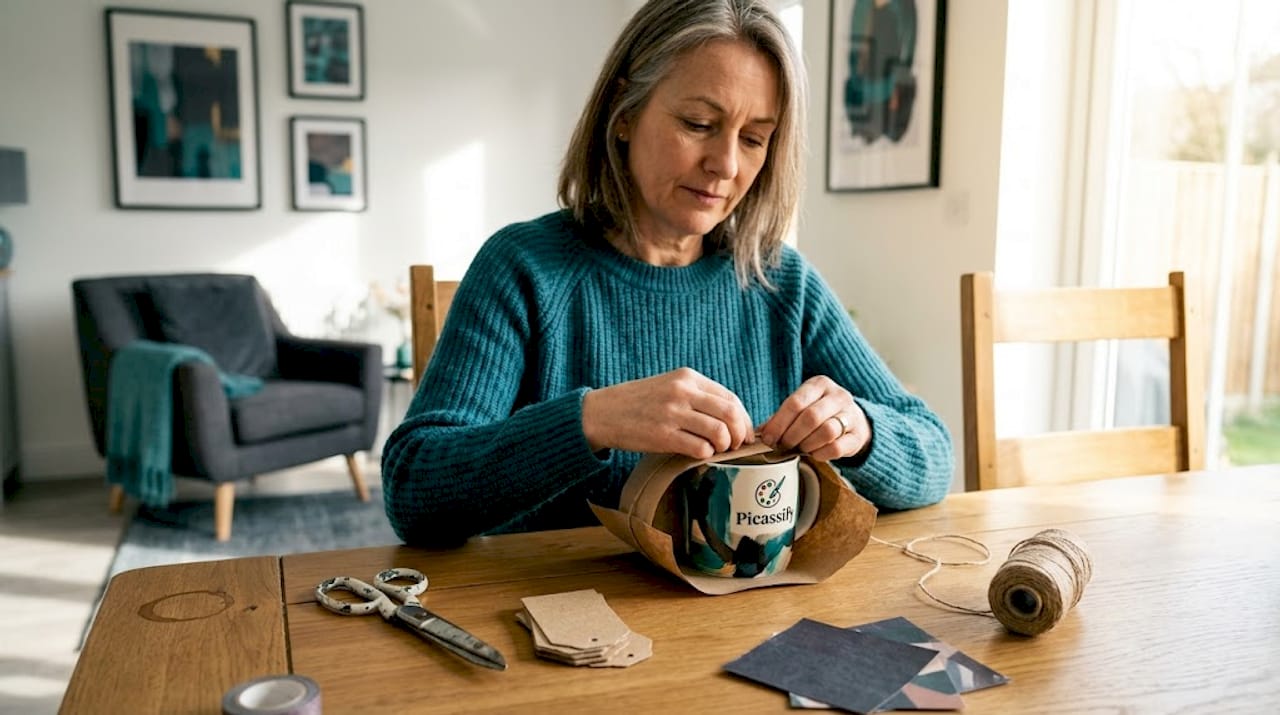 Eine Frau verpackt liebevoll eine handgetöpferte Keramiktasse als Geschenk.