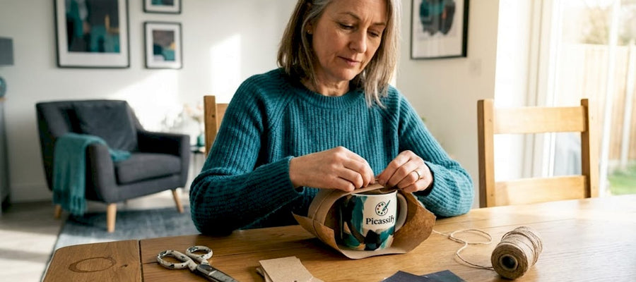 Eine Frau verpackt liebevoll eine handgetöpferte Keramiktasse als Geschenk.