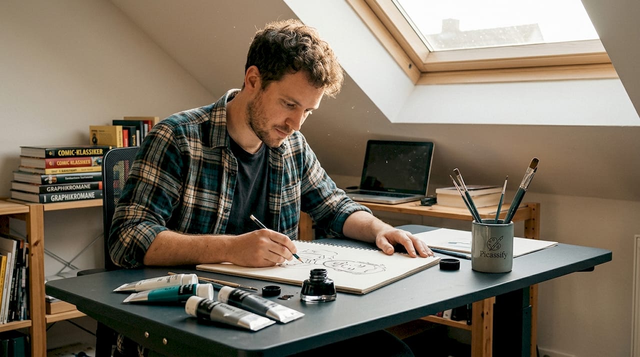 Ein Künstler sitzt an seinem Schreibtisch im Atelier und bringt eine Karikatur aufs Papier.