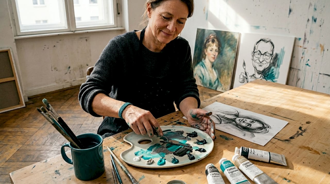 Die Künstlerin widmet sich derzeit sowohl klassischen Portraits als auch humorvollen Karikaturen.