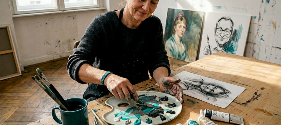 Die Künstlerin widmet sich derzeit sowohl klassischen Portraits als auch humorvollen Karikaturen.