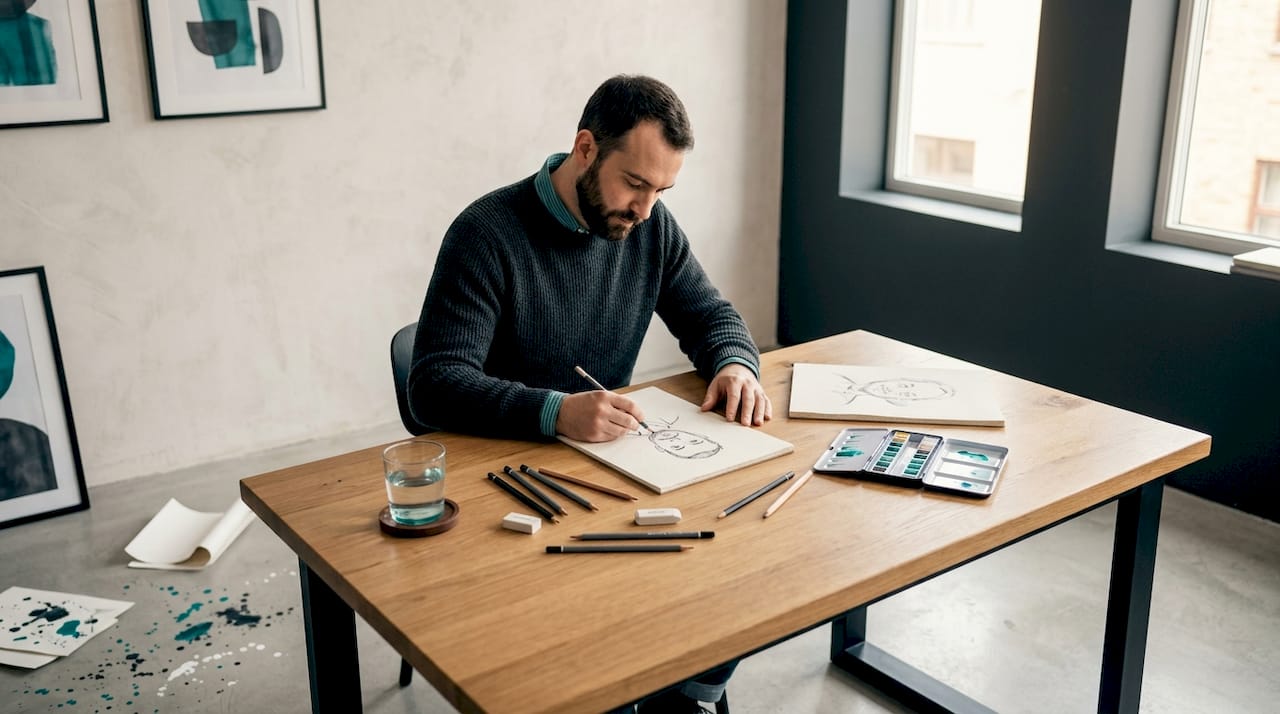 In seinem Atelier sitzt der Künstler an einem Holztisch und fertigt eine Karikatur an.