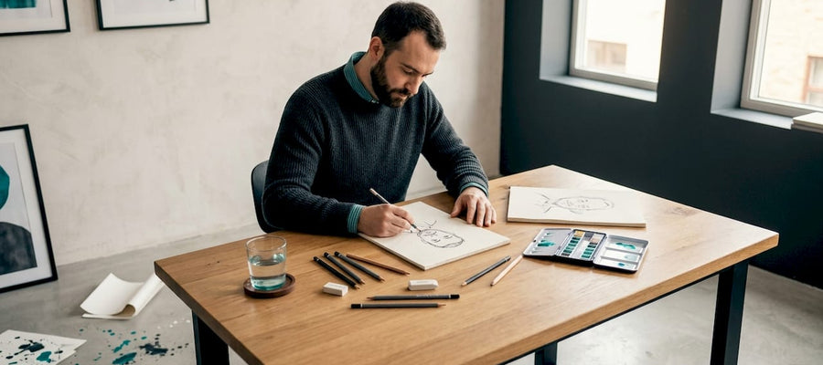 In seinem Atelier sitzt der Künstler an einem Holztisch und fertigt eine Karikatur an.