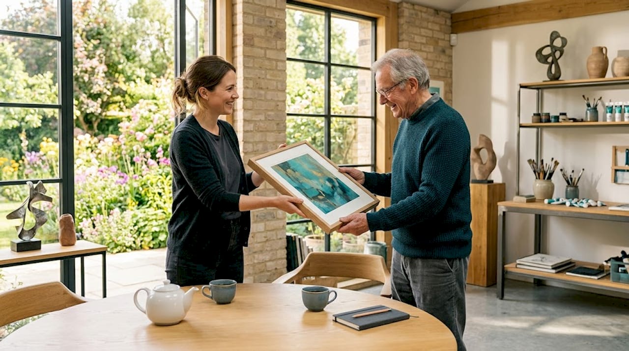 Im Wohnzimmer überreicht eine Frau ein Kunstwerk als Geschenk.