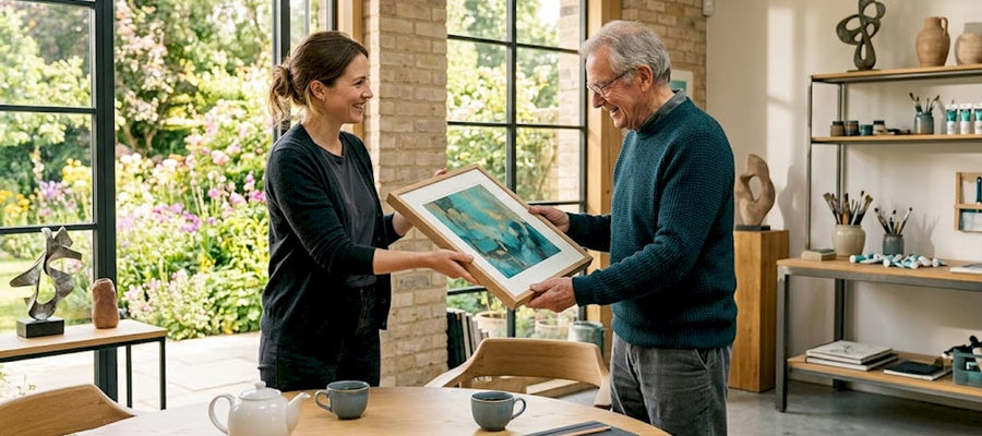 Im Wohnzimmer überreicht eine Frau ein Kunstwerk als Geschenk.