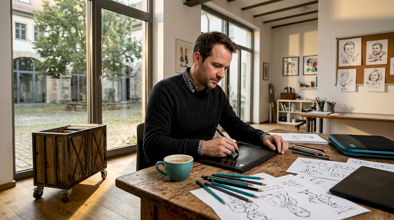 Ein Karikaturist sitzt an seinem Schreibtisch und bringt mit dem Grafiktablett kreative Skizzen zu Papier.