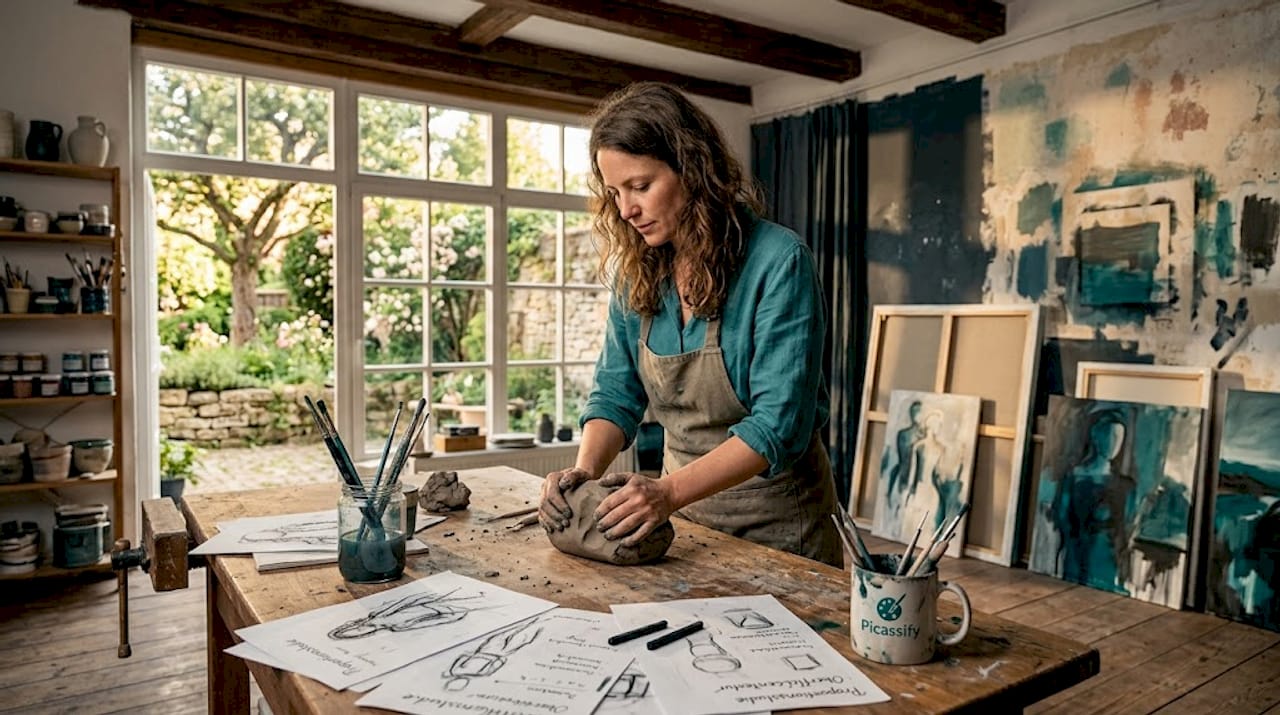 Im Atelier formt die Künstlerin konzentriert an ihrer Skulptur.