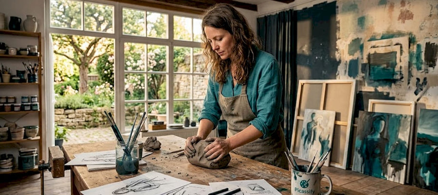 Im Atelier formt die Künstlerin konzentriert an ihrer Skulptur.