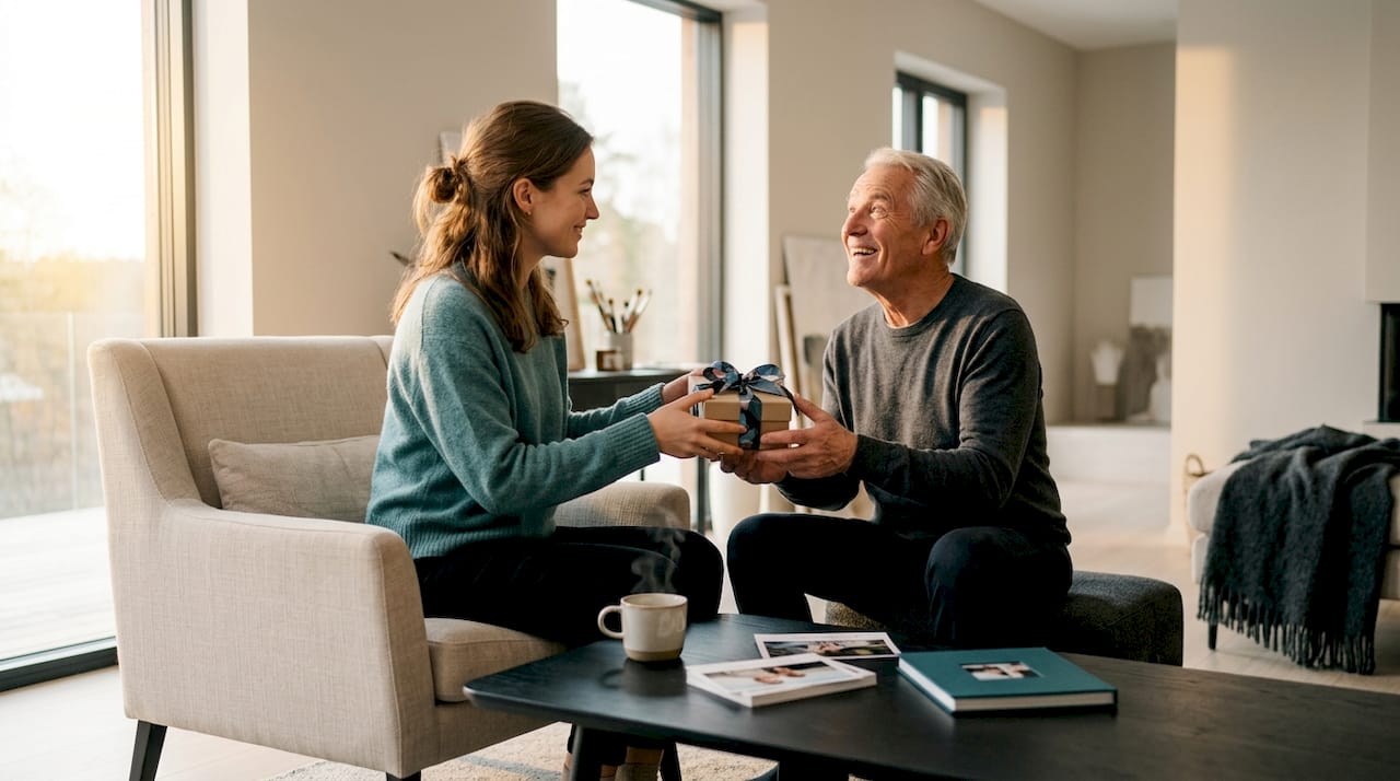 Eine Frau überreicht im Wohnzimmer ein ganz persönliches Geschenk.