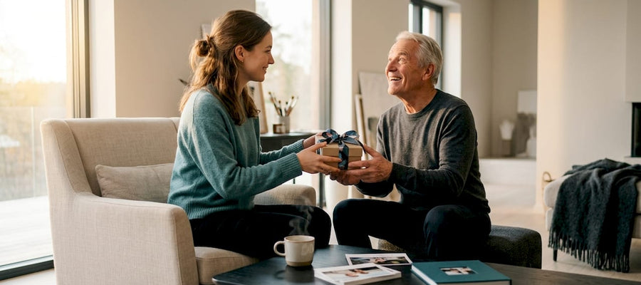 Eine Frau überreicht im Wohnzimmer ein ganz persönliches Geschenk.