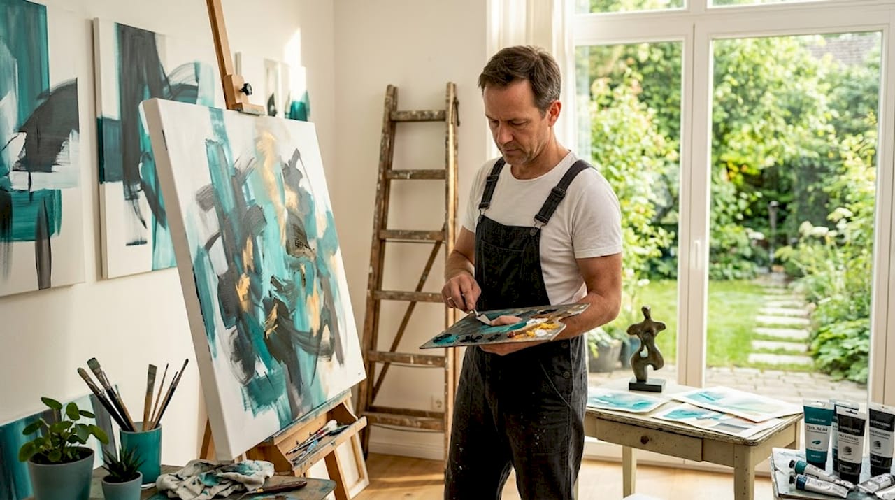 Ein Künstler arbeitet tagsüber in seinem Atelier und lässt sich vom natürlichen Licht inspirieren.