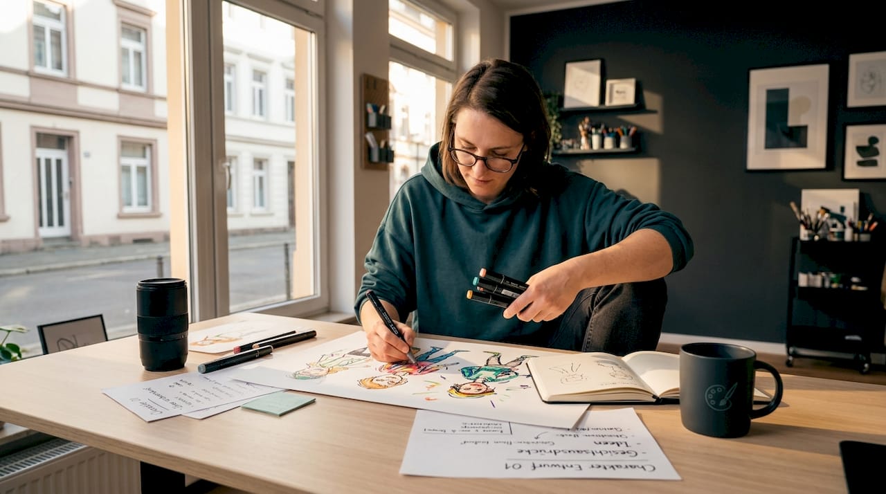 Ein Karikaturist sitzt an seinem Zeichentisch und arbeitet an neuen Entwürfen.