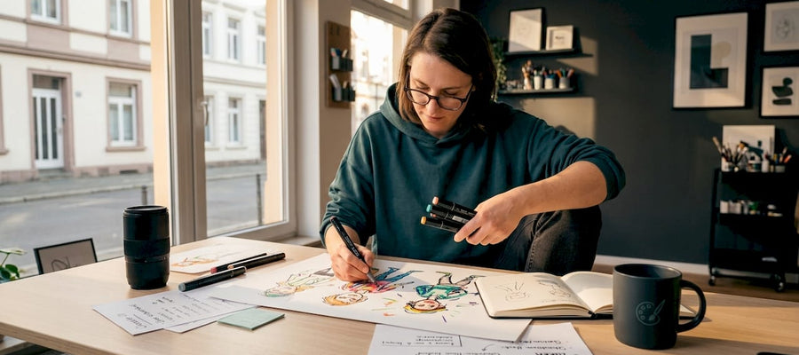 Ein Karikaturist sitzt an seinem Zeichentisch und arbeitet an neuen Entwürfen.