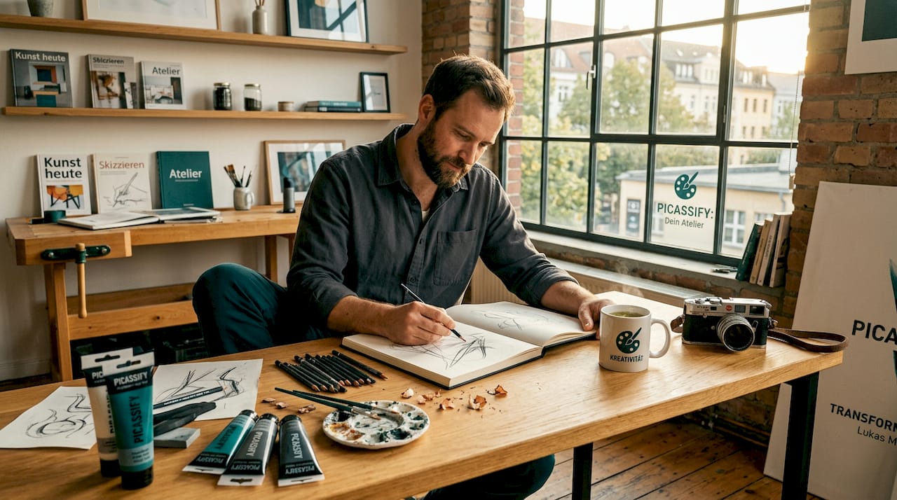 Im Atelier vertieft sich der Künstler in seine Skizzen.