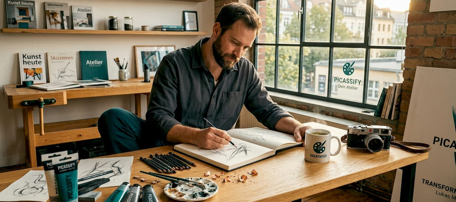 Im Atelier vertieft sich der Künstler in seine Skizzen.