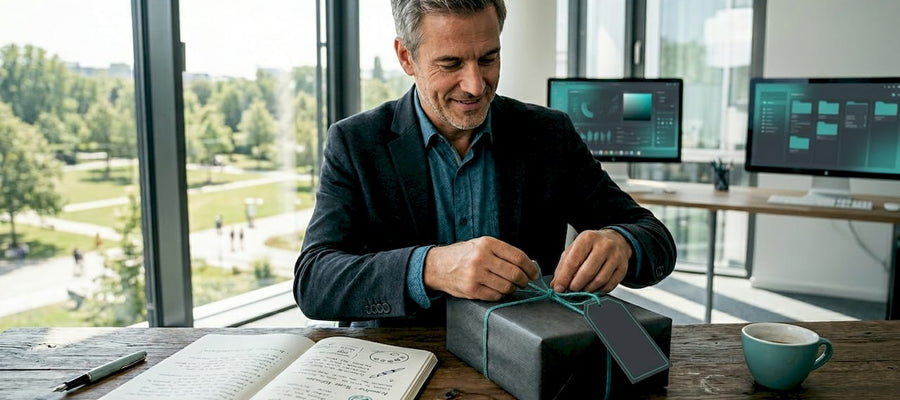 Ein Mann verpackt im Büro ein Präsent für einen Geschäftspartner.
