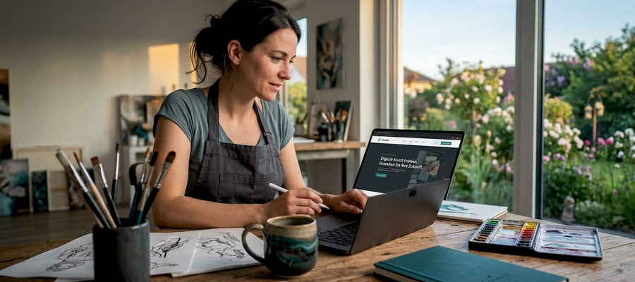 Am Schreibtisch feilt die Künstlerin an ihrer Online-Präsenz und entwickelt neue Vermarktungsstrategien.