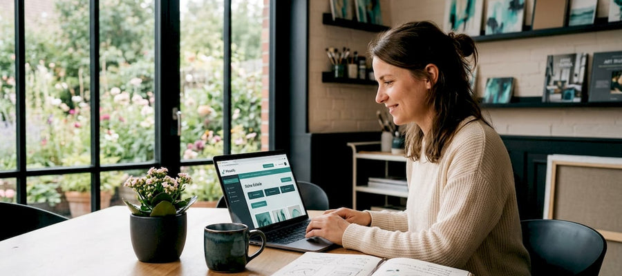 Eine Frau entdeckt auf ihrem Laptop ein digitales Kunstgeschenk.