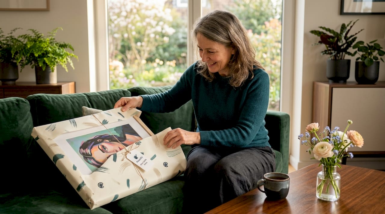 Eine Frau packt zu Hause ein emotionales Kunstgeschenk aus und lässt sich von den berührenden Motiven überraschen.