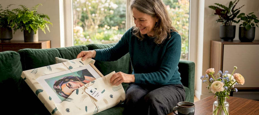 Eine Frau packt zu Hause ein emotionales Kunstgeschenk aus und lässt sich von den berührenden Motiven überraschen.