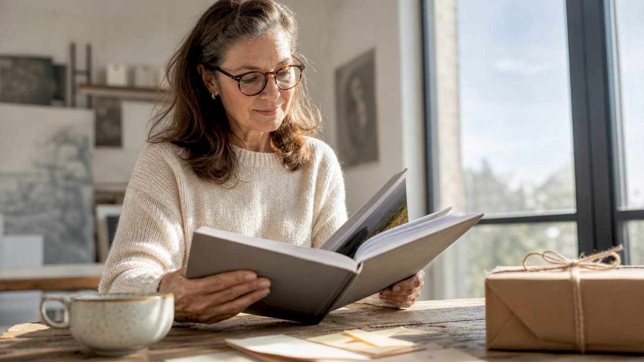 Eine Frau blättert entspannt zu Hause durch ihr individuell gestaltetes Fotobuch und erinnert sich an besondere Momente.