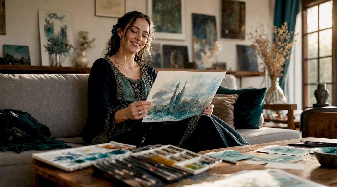 Zu Hause bestaunt eine Frau individuelle Kunstgeschenke.