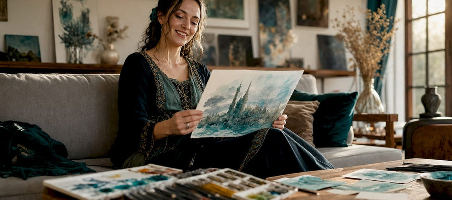 Zu Hause bestaunt eine Frau individuelle Kunstgeschenke.