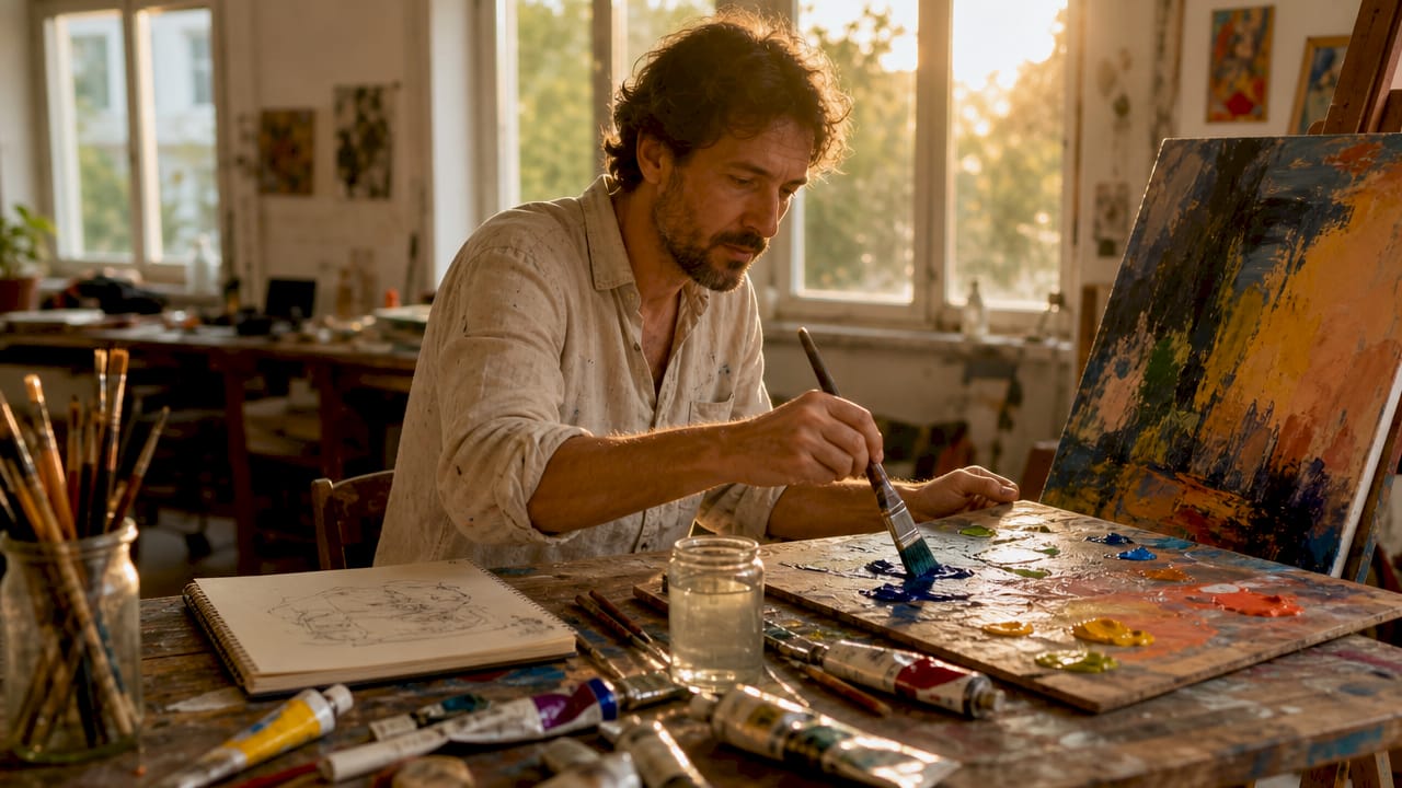 Im Atelier steht der Künstler vor der Leinwand und arbeitet mit Acrylfarben und Pinsel.